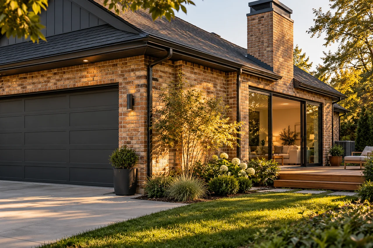 Illustrative American home exterior with a garage door, sliding patio doors and chimney