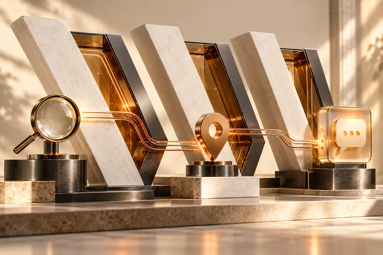 Sculptural search, local visibility and conversation objects connected through a copper and glass system